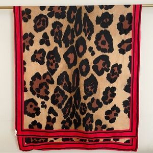 Large Perry Ellis Silk Scarf Wrap Shawl Animal Print‎ Tan Black Red Bordered